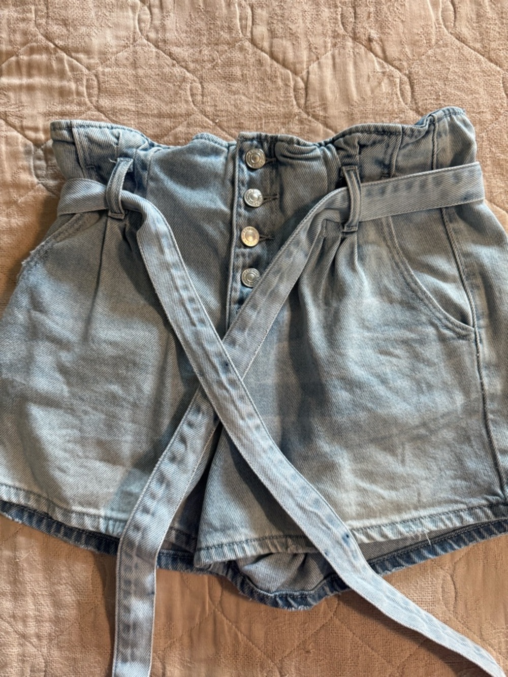 American Eagle Outfitters Light Blue Paperbag Waist Denim Shorts with Tie